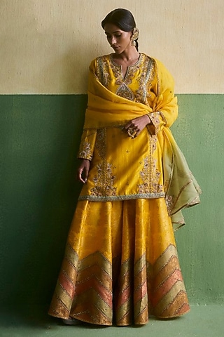 Yellow Chanderi Embroidered Sharara Set by Petticoat Lane