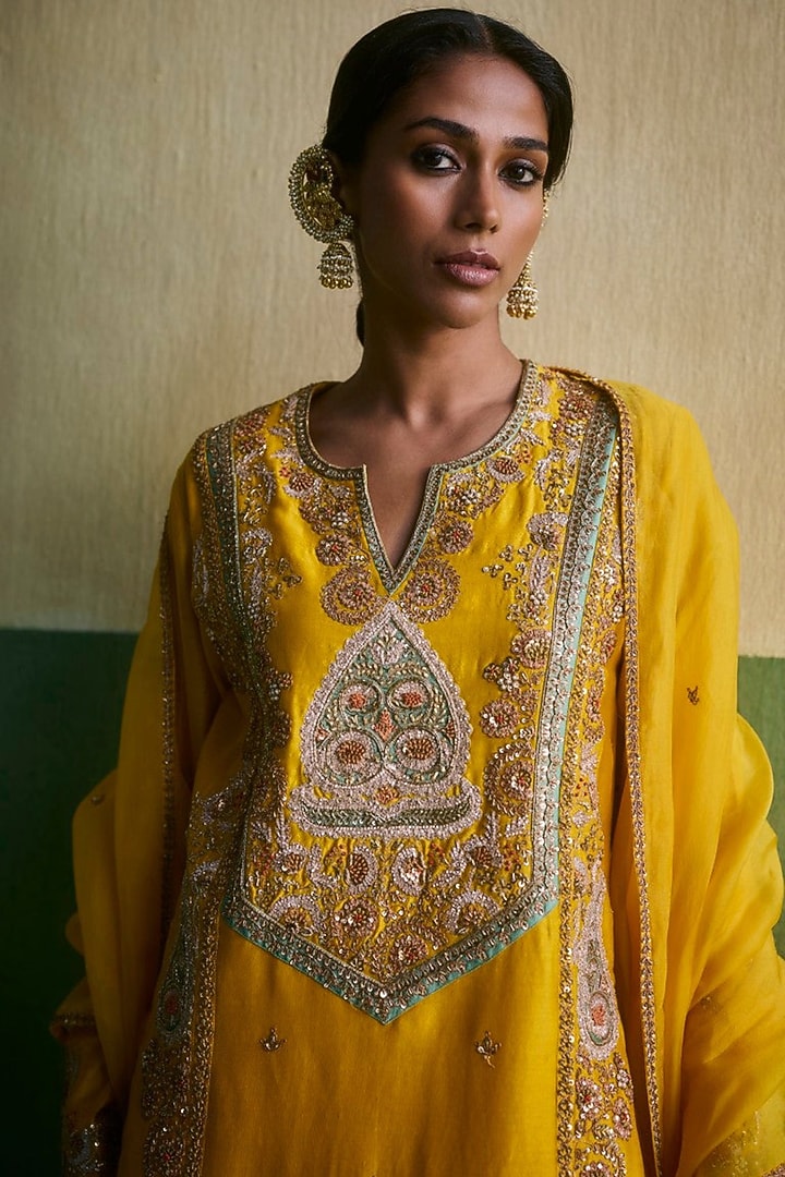 Yellow Chanderi Embroidered Bridal Sharara Set by Petticoat Lane at Pernia's Pop Up Shop