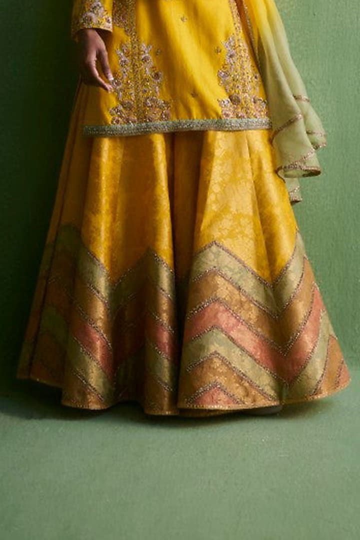 Yellow Chanderi Embroidered Bridal Sharara Set by Petticoat Lane at Pernia's Pop Up Shop