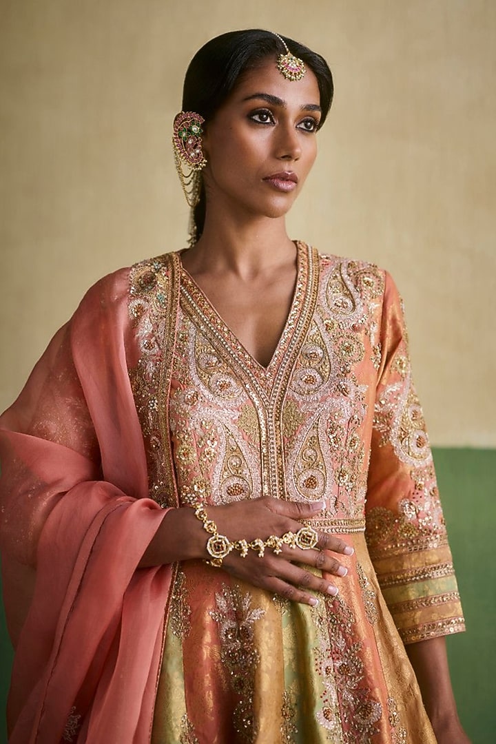 Multi-Colored Chanderi & Brocade Embroidered Kalidar Bridal Anarkali Set by Petticoat Lane at Pernia's Pop Up Shop