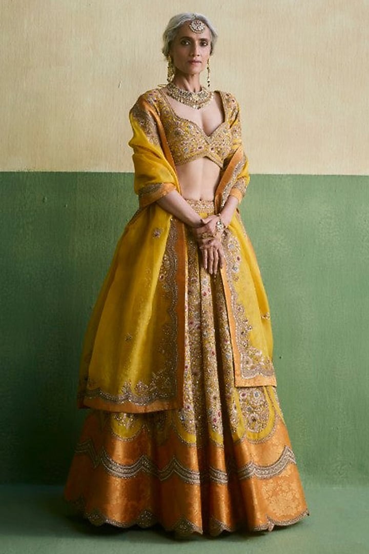 Multi-Colored Chanderi Embroidered Bridal Lehenga Set by Petticoat Lane at Pernia's Pop Up Shop