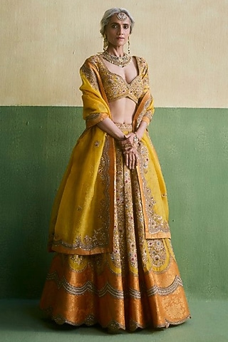 Multi-Colored Chanderi Embroidered Lehenga Set by Petticoat Lane