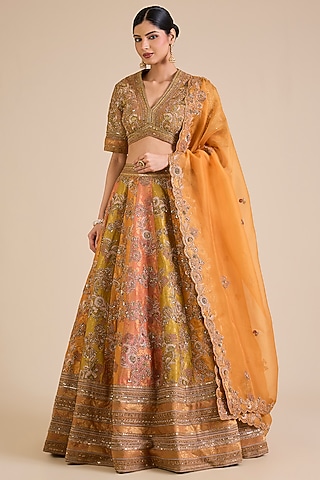 Multi-Colored Chanderi Brocade Lehenga Set by Petticoat Lane