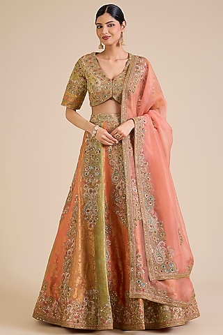 Multi-Colored Chanderi Brocade Lehenga Set by Petticoat Lane