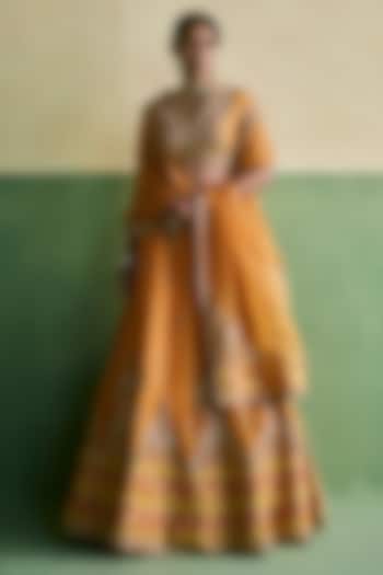 Orange Organza Patch Work Bridal Lehenga Set by Petticoat Lane at Pernia's Pop Up Shop