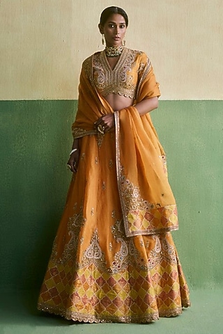 Orange Organza Patch Work Lehenga Set by Petticoat Lane