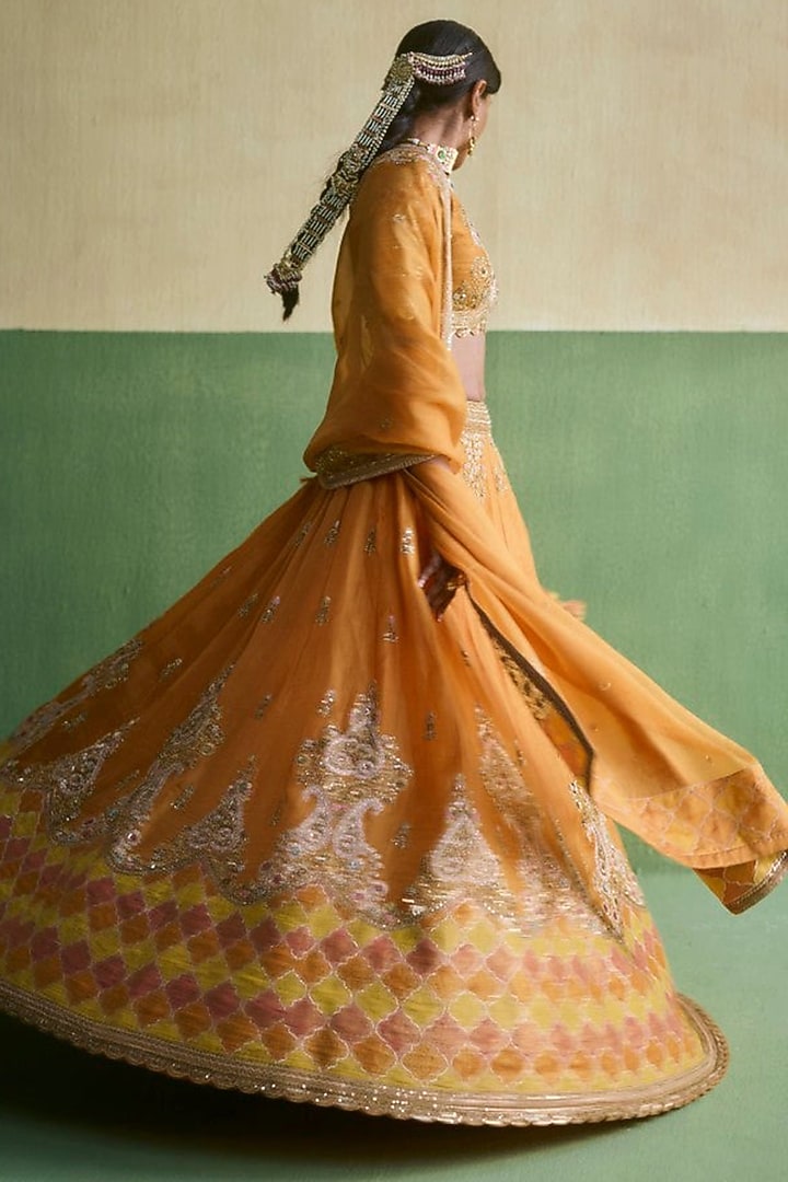 Orange Organza Patch Work Bridal Lehenga Set by Petticoat Lane at Pernia's Pop Up Shop