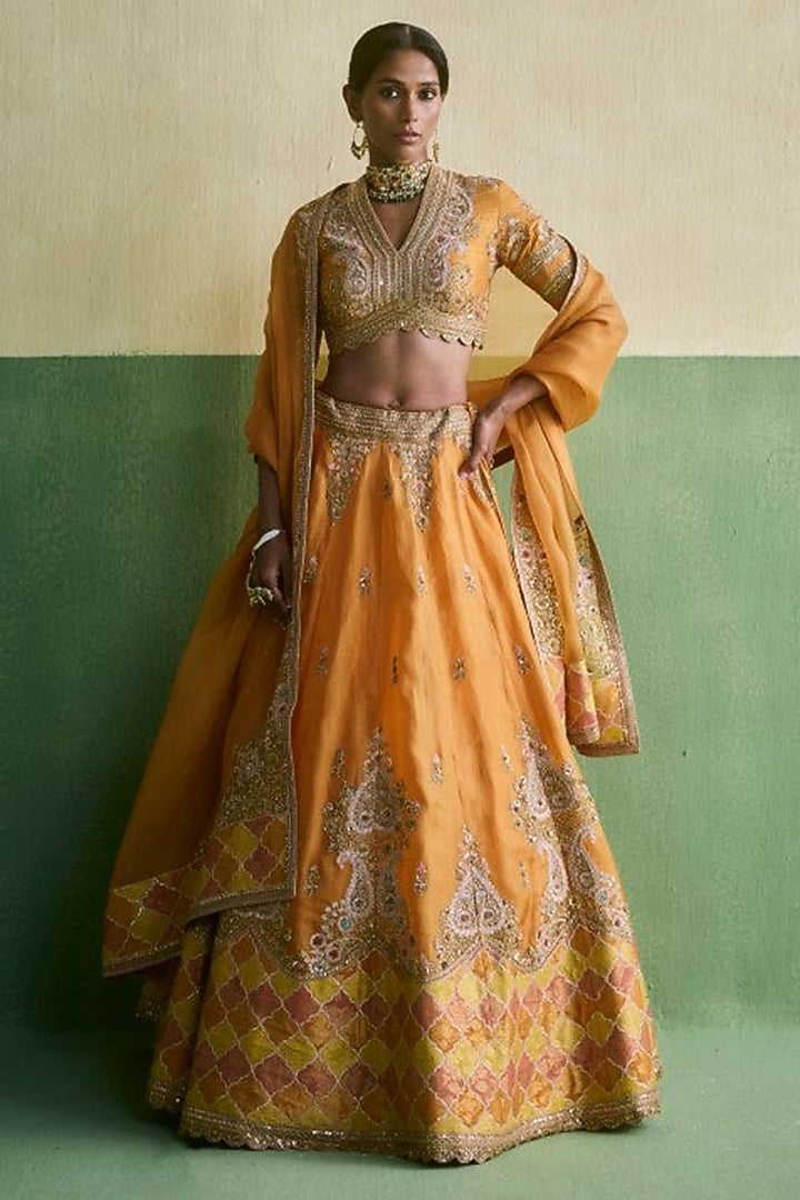 Orange Organza Patch Work Bridal Lehenga Set by Petticoat Lane at Pernia's Pop Up Shop