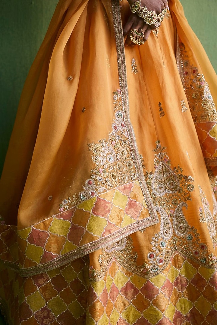 Orange Organza Patch Work Bridal Lehenga Set by Petticoat Lane at Pernia's Pop Up Shop
