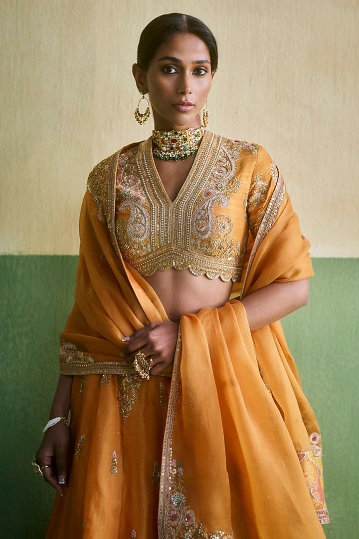 Orange Organza Patch Work Bridal Lehenga Set by Petticoat Lane at Pernia's Pop Up Shop