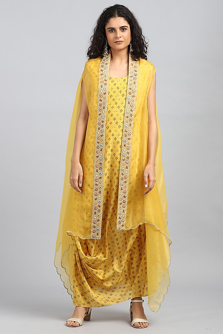 Yellow Embroidered Cowl Kurta With Cape by Petticoat Lane