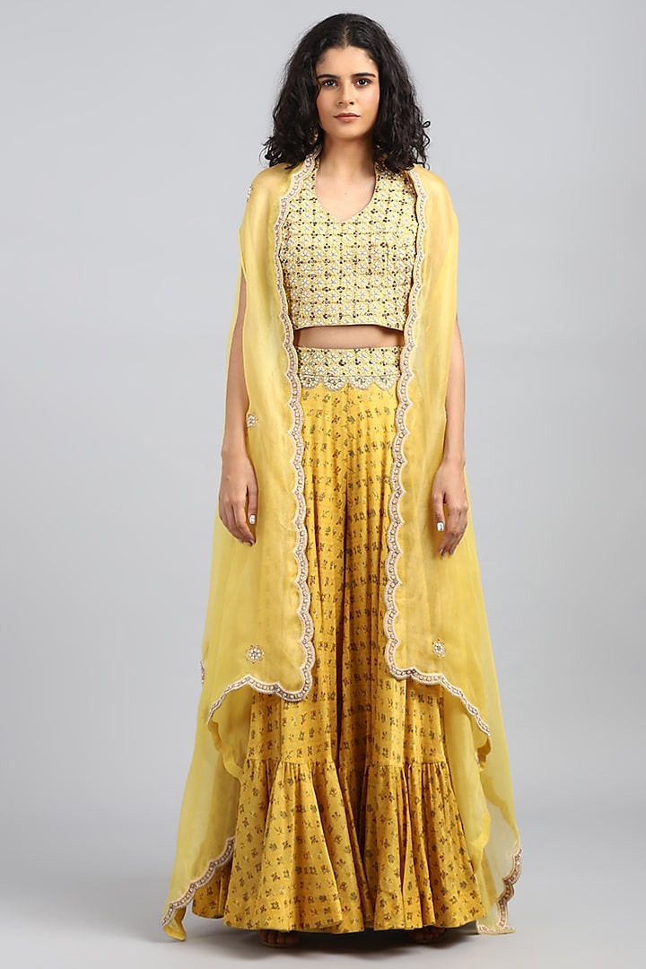Yellow Embroidered & Printed Sharara Pants by Petticoat Lane