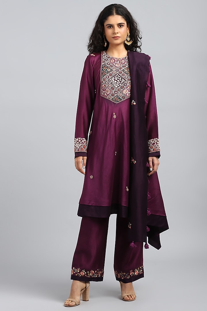 Purple Chanderi Silk Embroidered & Printed Kurta Set by Petticoat Lane