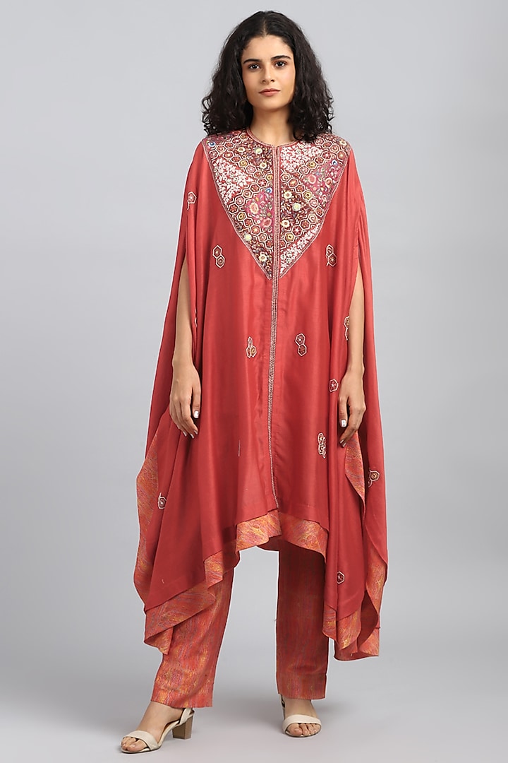 Red Embroidered & Printed Kurta Set by Petticoat Lane