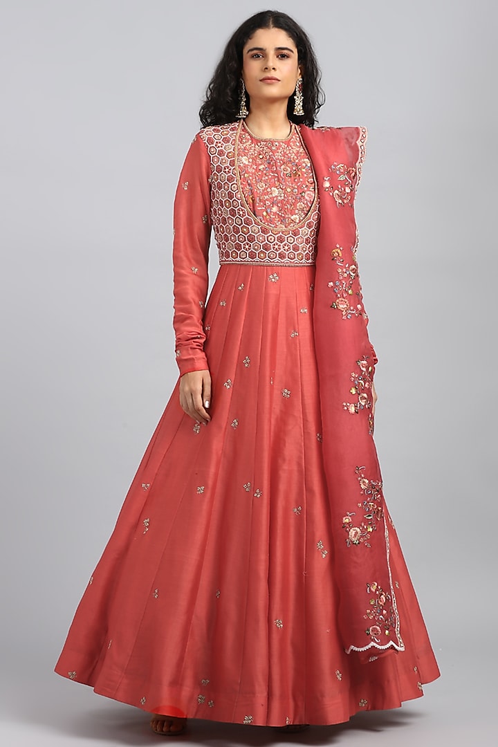 Red Digital Printed & Embroidered Anarkali Set by Petticoat Lane at Pernia's Pop Up Shop