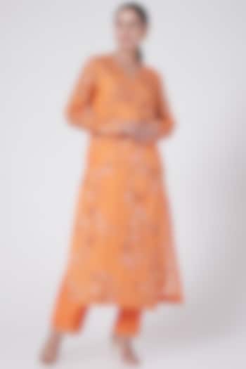 Orange Embroidered Kurta With Pants by Petticoat Lane