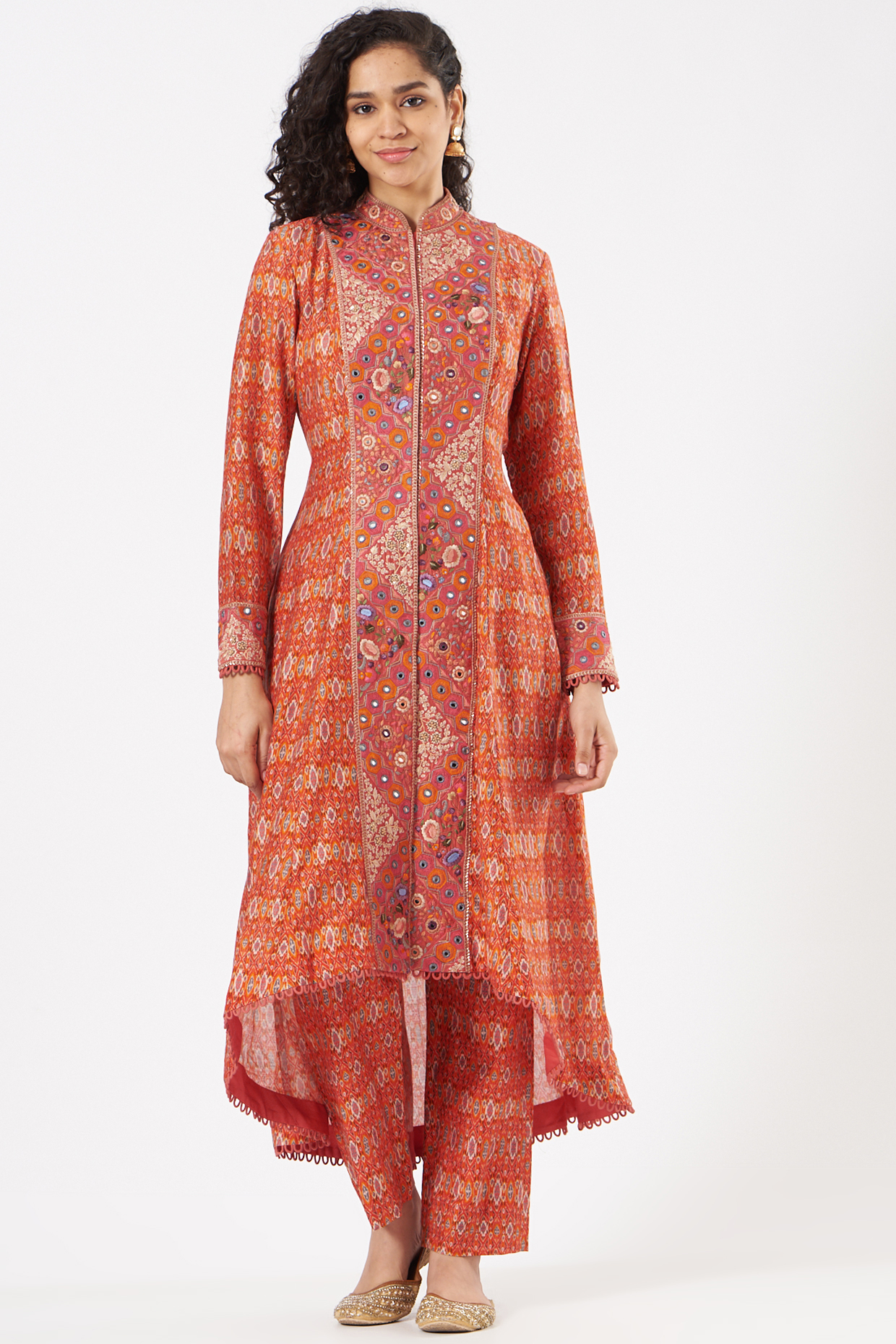 Orange Printed & Embroidered Jacket Set by Petticoat Lane at Pernia's Pop Up Shop
