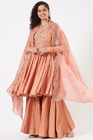 Dark Peach Brocade Sharara Set by Petticoat Lane