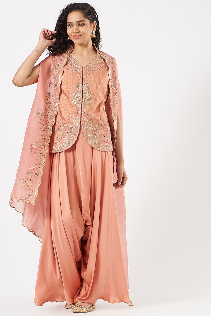 Dark Peach Satin Dhoti Set by Petticoat Lane