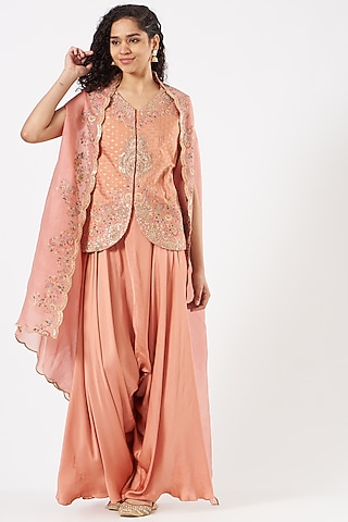 Dark Peach Satin Dhoti Set by Petticoat Lane