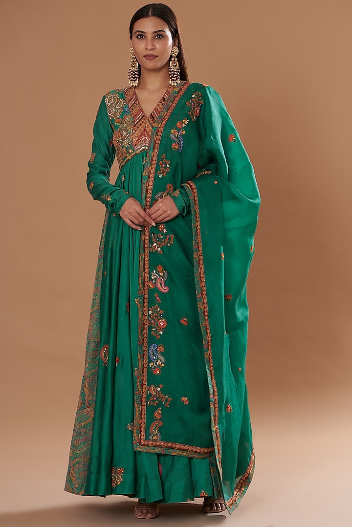 Green Chanderi Printed Kalidar Anarkali Set by Petticoat Lane