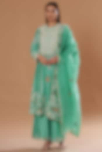 Green Chanderi Embroidered A-Line Kurta Set by Petticoat Lane at Pernia's Pop Up Shop