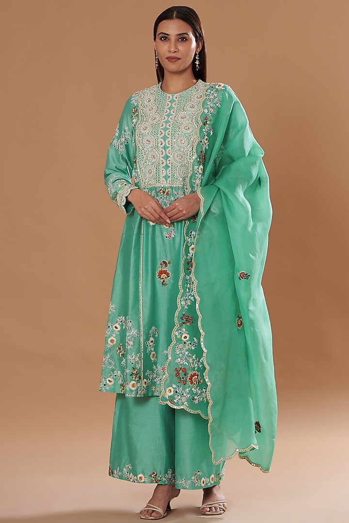 Green Chanderi Embroidered A-Line Kurta Set by Petticoat Lane