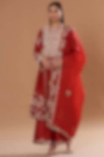 Red Chanderi Embroidered A-Line Kurta Set by Petticoat Lane