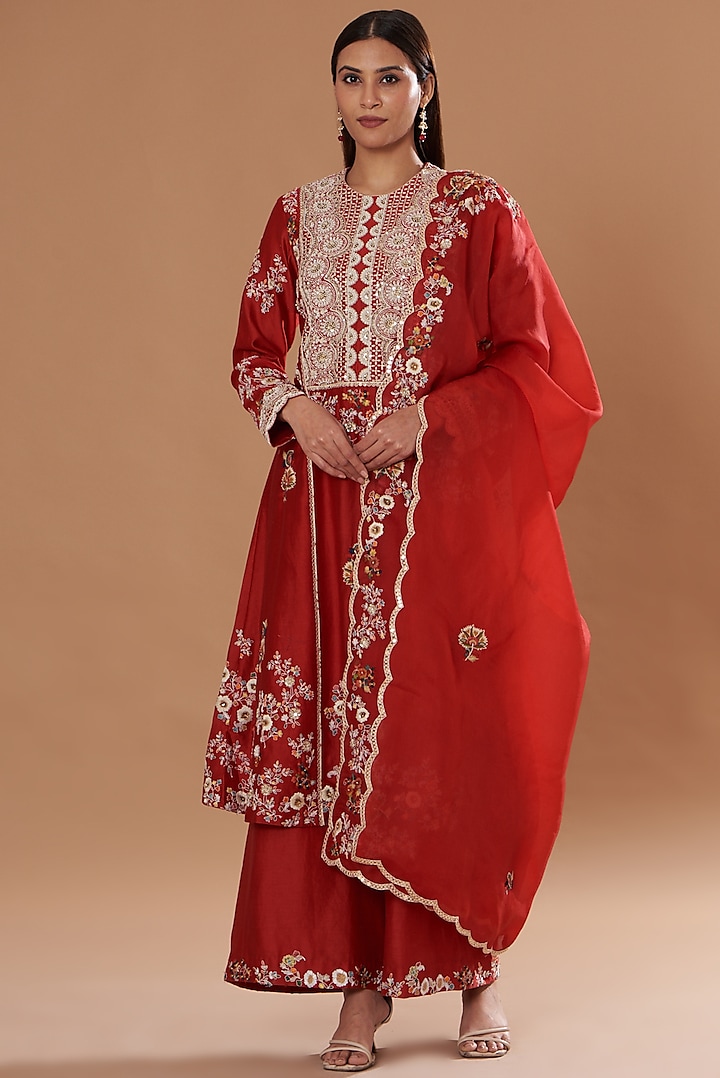 Red Chanderi Embroidered A-Line Kurta Set by Petticoat Lane