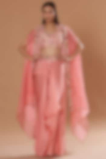 Pink Organza Embroidered Cape Set by Petticoat Lane