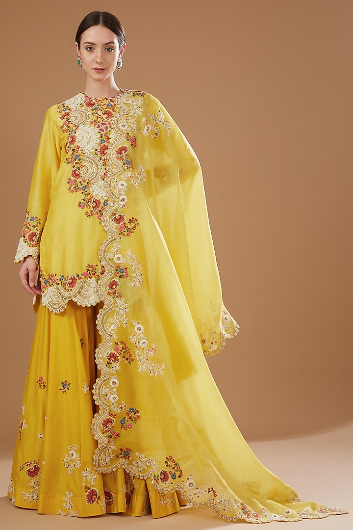 Yellow Chanderi Embroidered Sharara Set by Petticoat Lane