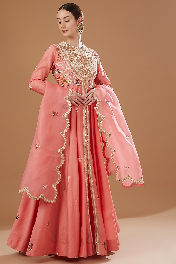 Peach Chanderi Kalidar Anarkali Set by Petticoat Lane