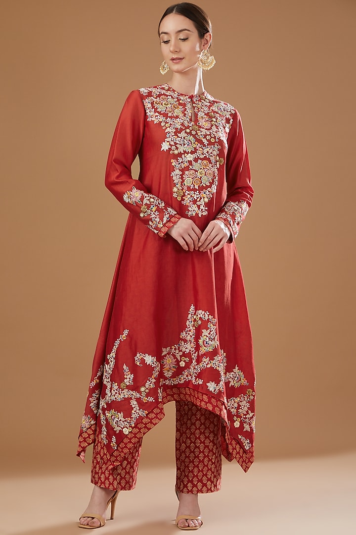 Red Chanderi Embroidered Kurta Set by Petticoat Lane