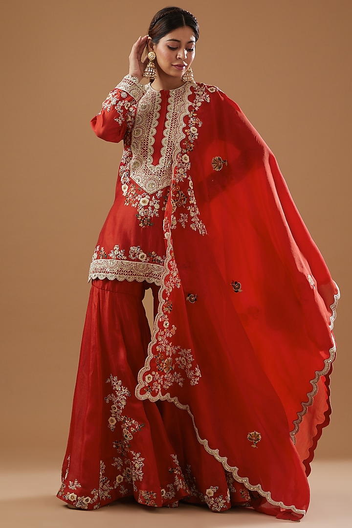 Red Organza Embroidered Sharara Set by Petticoat Lane at Pernia's Pop Up Shop