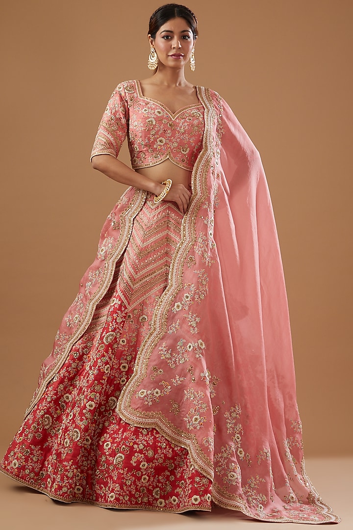 Pink Ombre Dupion Embroidered Lehenga Set by Petticoat Lane