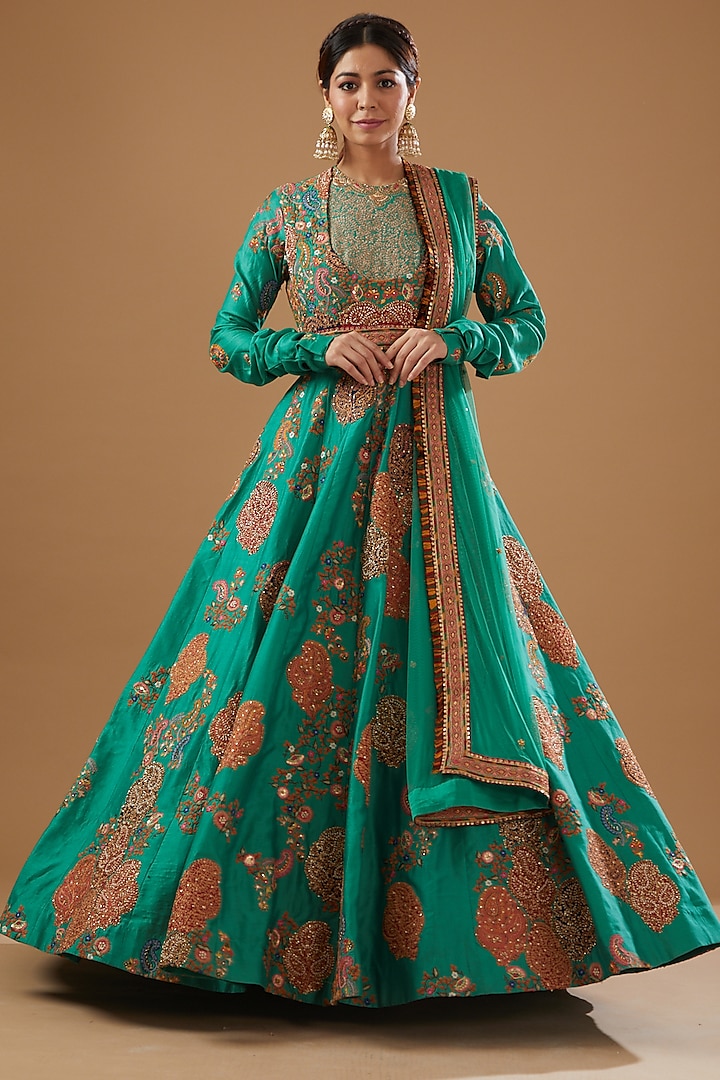 Green Chanderi Printed & Embroidered Anarkali set by Petticoat Lane