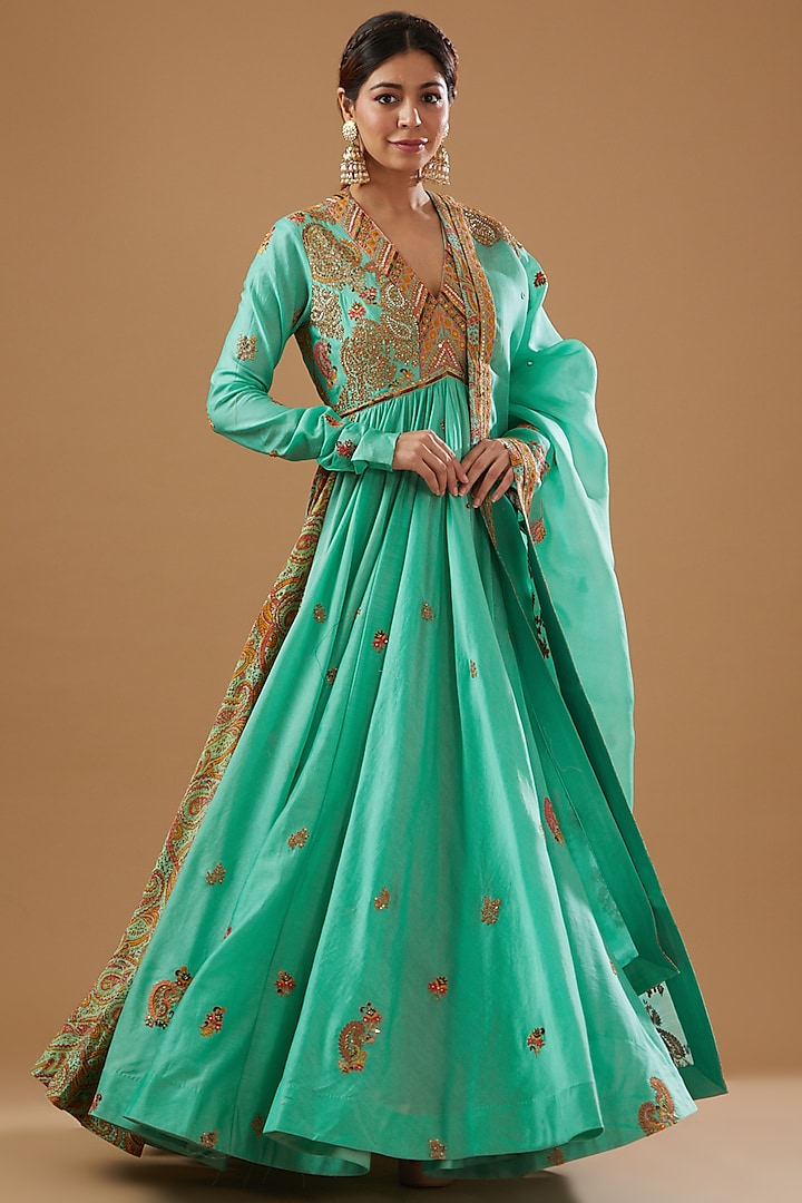 Turquoise Chanderi Printed Anarkali Set by Petticoat Lane at Pernia's Pop Up Shop