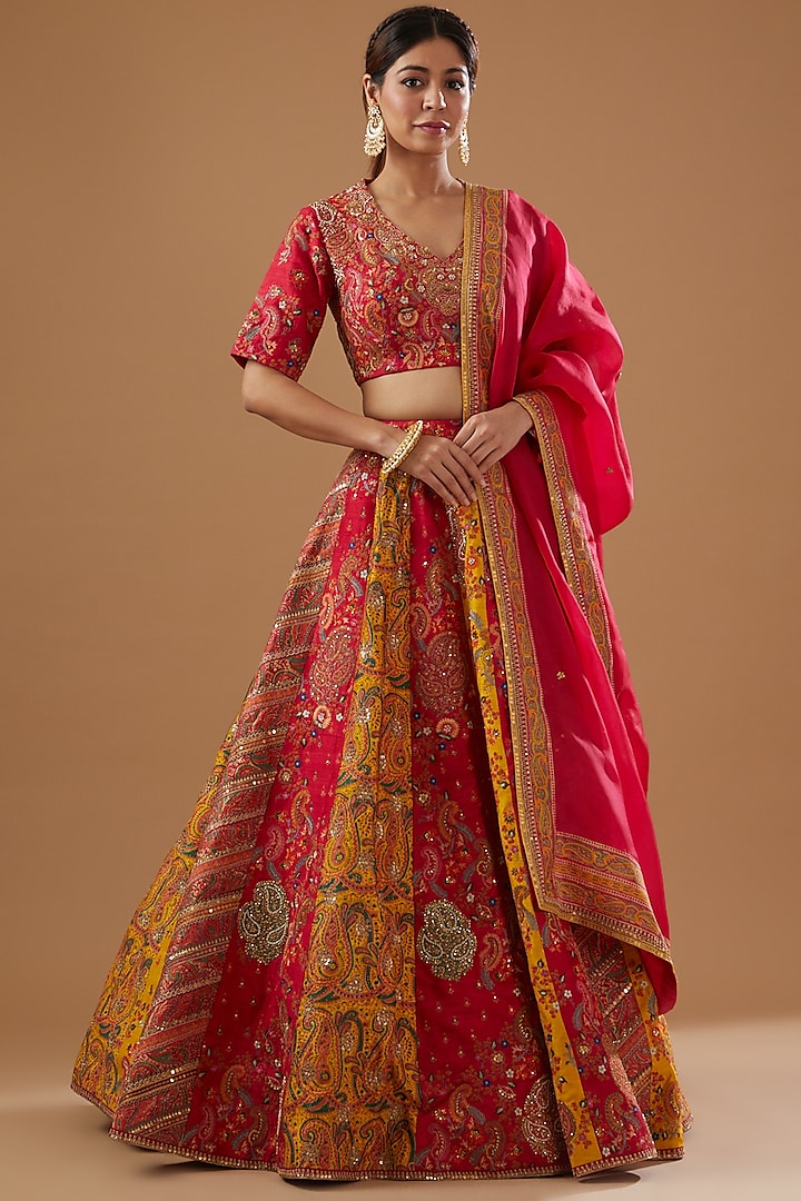 Fuchsia Dupion Embroidered Bridal Lehenga set by Petticoat Lane at Pernia's Pop Up Shop