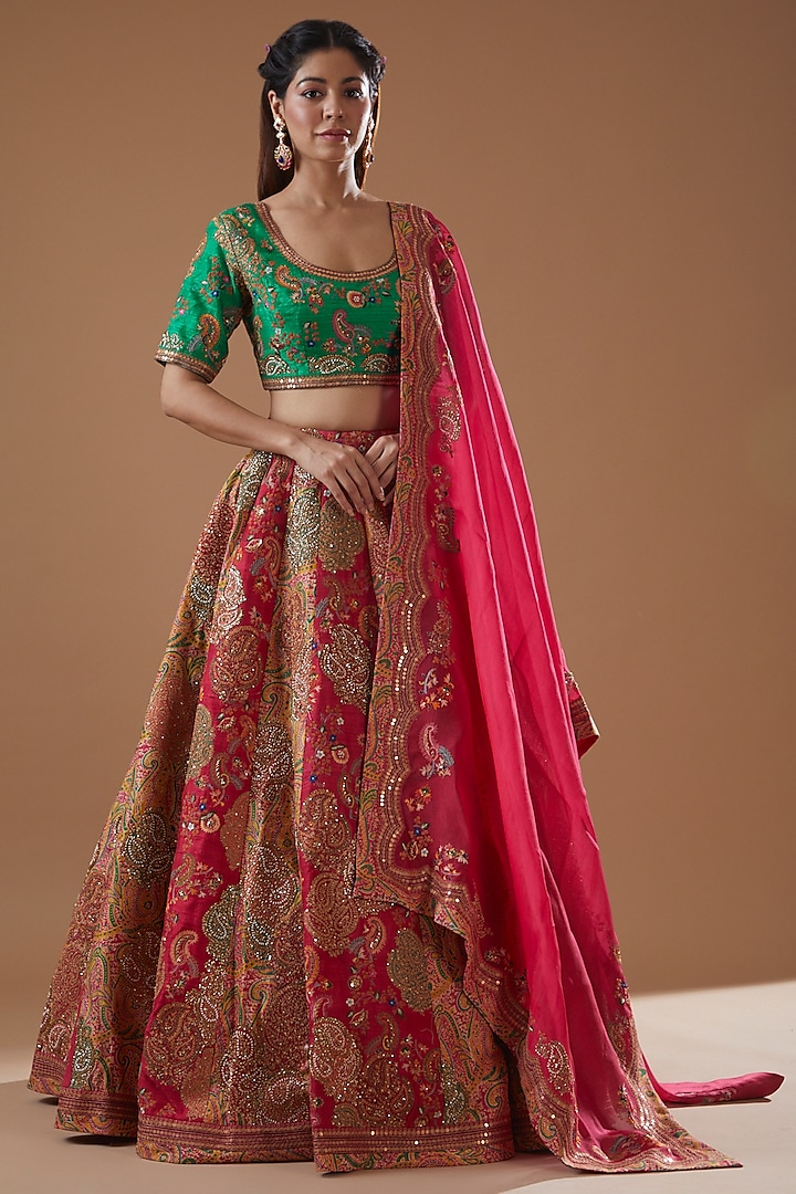 Pink Dupion Printed Bridal Lehenga Set by Petticoat Lane at Pernia's Pop Up Shop