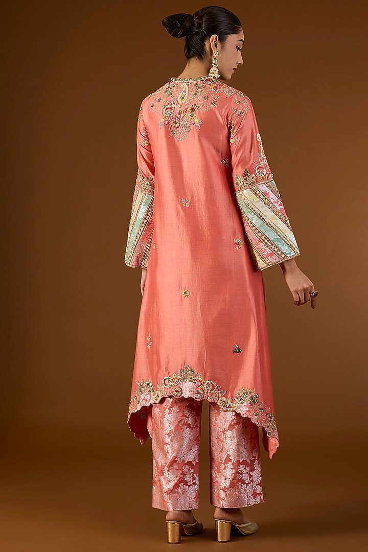 Peach Brocade Patchwork Hanky Kurta Set by Petticoat Lane at Pernia's Pop Up Shop