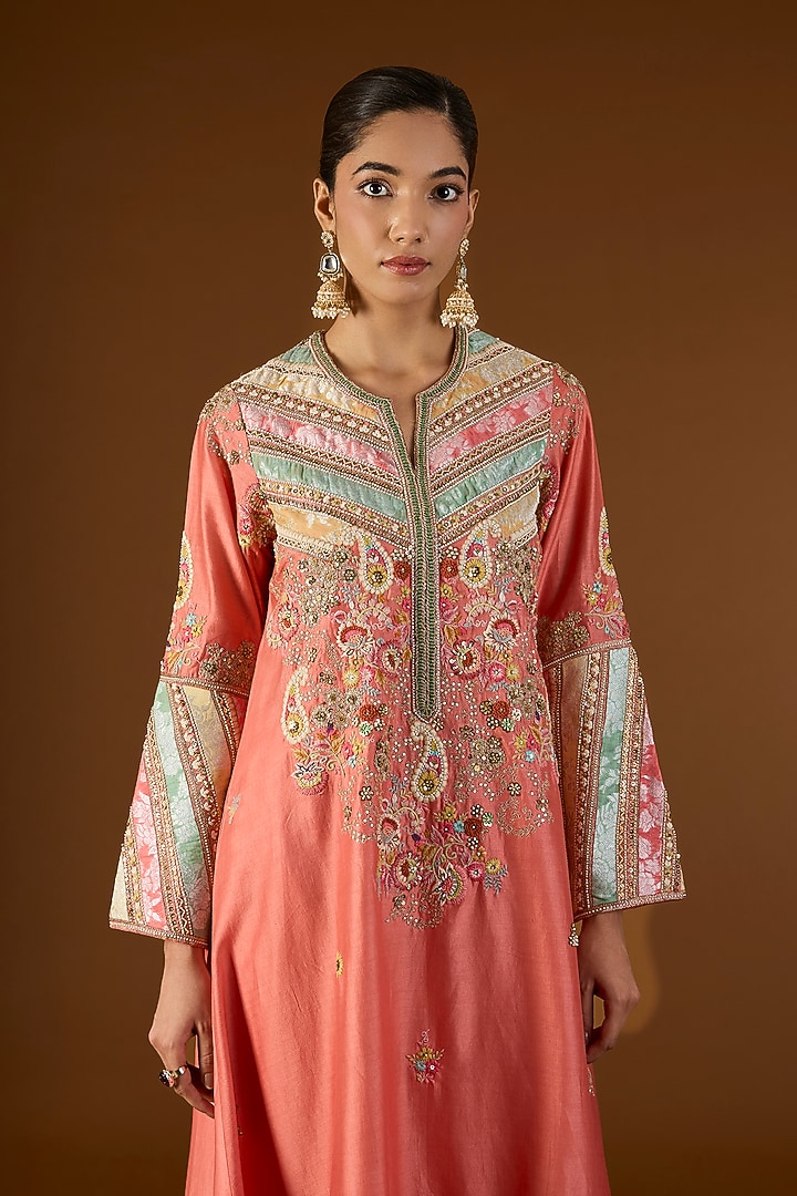 Peach Brocade Patchwork Hanky Kurta Set by Petticoat Lane at Pernia's Pop Up Shop