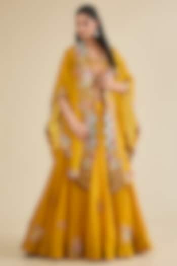 Mustard Organza Brocade Patchwork Cape Set by Petticoat Lane at Pernia's Pop Up Shop