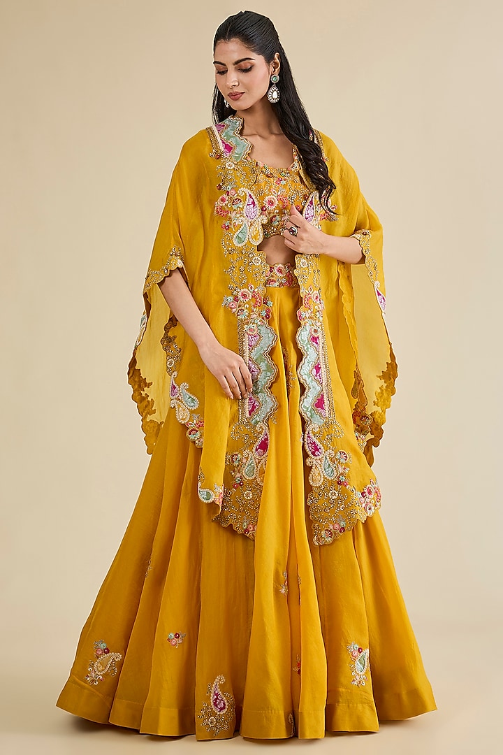 Mustard Organza Brocade Patchwork Cape Set by Petticoat Lane at Pernia's Pop Up Shop