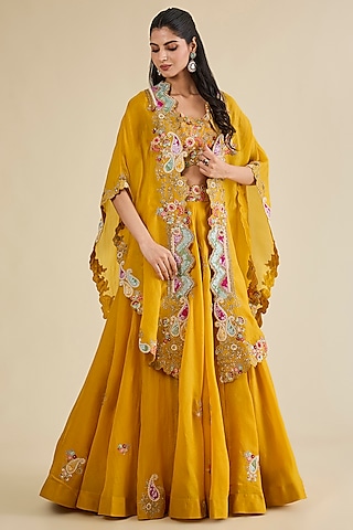 Mustard Organza Brocade Patchwork Cape Set by Petticoat Lane