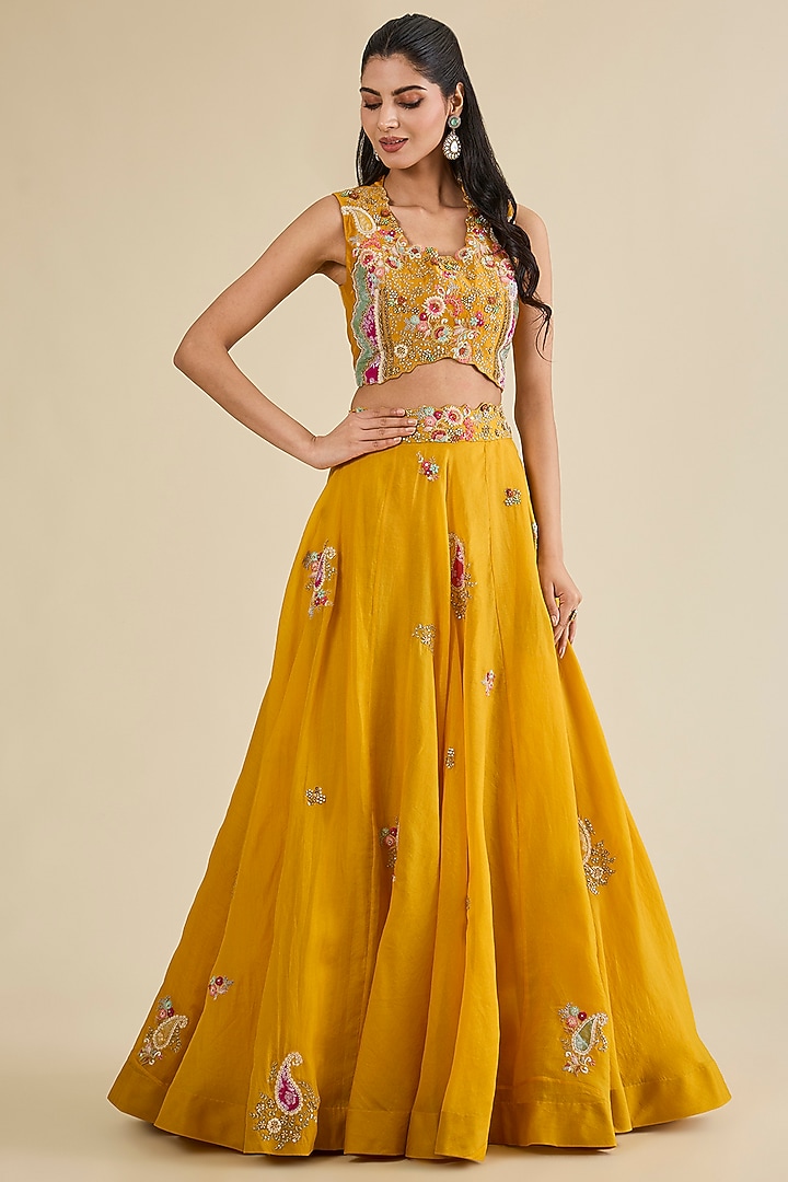 Mustard Organza Brocade Patchwork Cape Set by Petticoat Lane at Pernia's Pop Up Shop