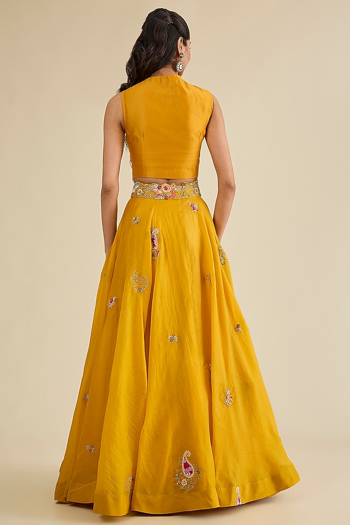 Mustard Organza Brocade Patchwork Cape Set by Petticoat Lane at Pernia's Pop Up Shop