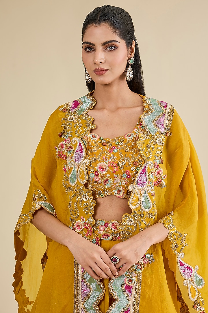 Mustard Organza Brocade Patchwork Cape Set by Petticoat Lane at Pernia's Pop Up Shop