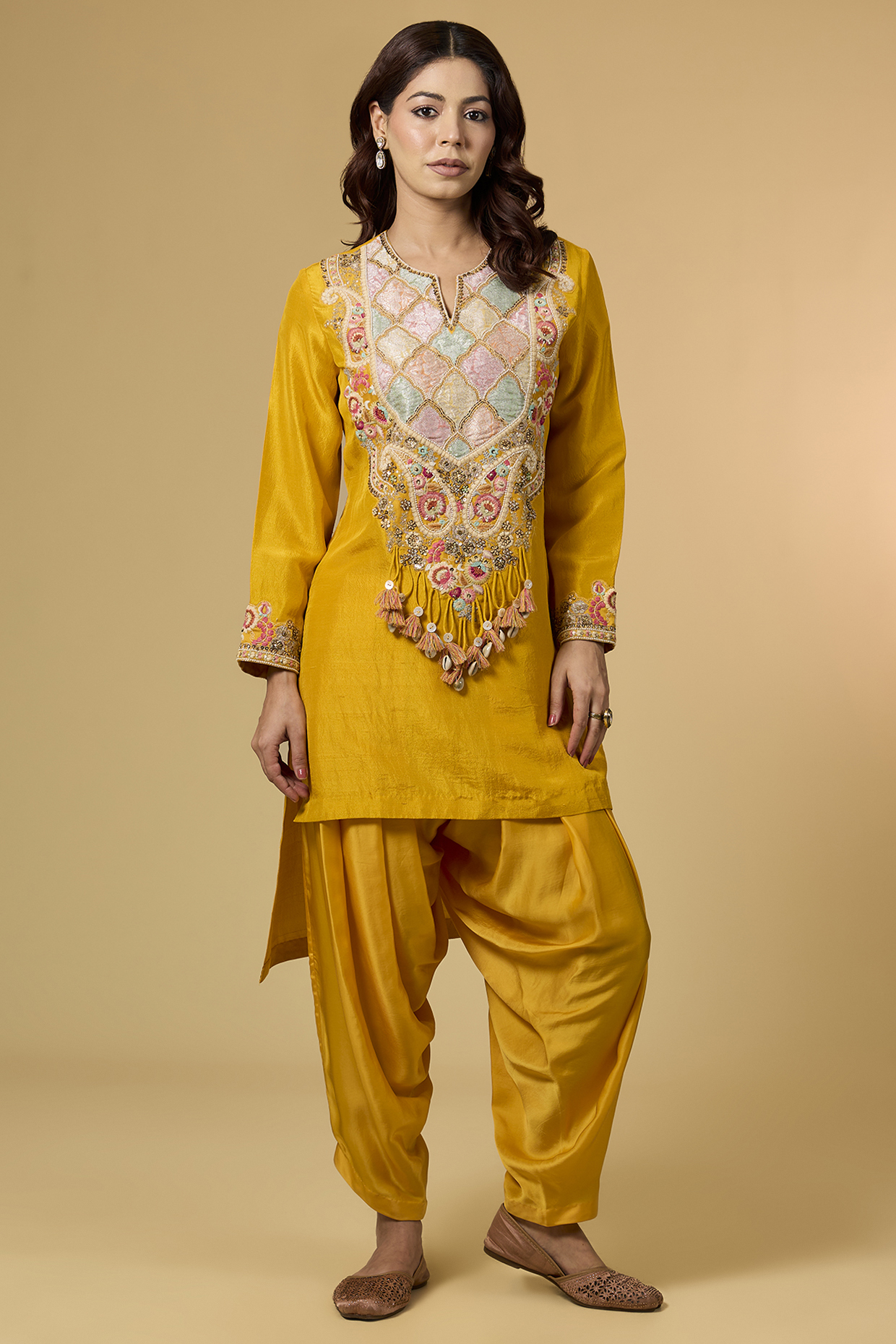 Mustard Dupion Silk Brocade Patchwork Kurta Set by Petticoat Lane at Pernia's Pop Up Shop
