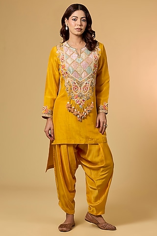 Mustard Dupion Silk Brocade Patchwork Kurta Set by Petticoat Lane