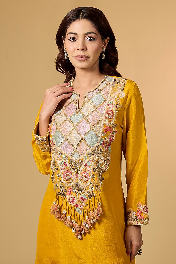 Mustard Dupion Silk Brocade Patchwork Kurta Set by Petticoat Lane at Pernia's Pop Up Shop